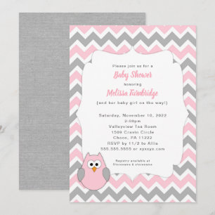 Trendy Pink and Grey Owl Girl Baby shower Kaart