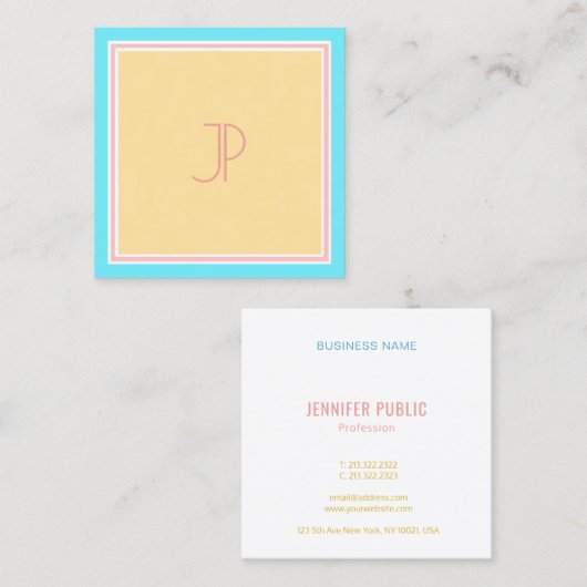 Trendy Pink Blue Yellow Modern Monogram Sjabloon Vierkante Visitekaartje (Voorkant / Achterkant)
