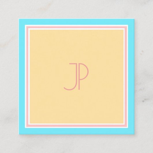 Trendy Pink Blue Yellow Modern Monogram Sjabloon Vierkante Visitekaartje (Voorkant)