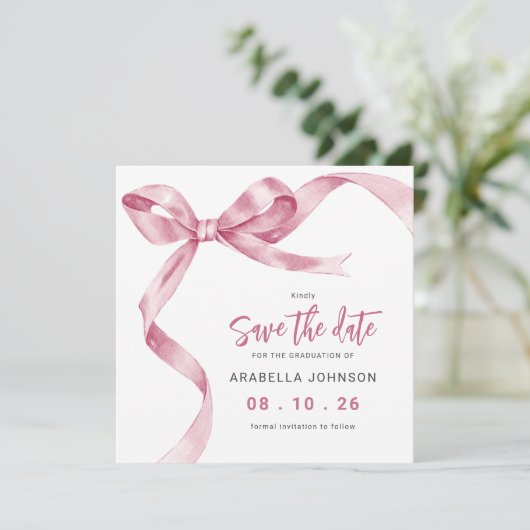 Trendy Pink Bow Graduation Save The Date (Staand voorkant)
