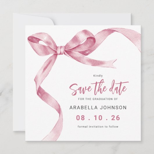 Trendy Pink Bow Graduation Save The Date (Voorkant)