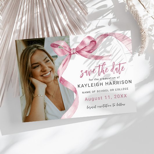 Trendy Pink Bow Photo Graduation Save The Date