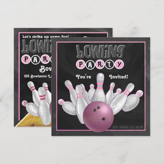 Trendy Pink Bowling Party Kaart (Voorkant / Achterkant)