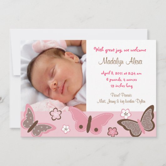 Trendy Pink Butterfly Foto geboorteaankondigingen Aankondiging (Voorkant)