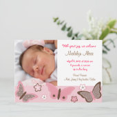Trendy Pink Butterfly Foto geboorteaankondigingen Aankondiging (Staand voorkant)