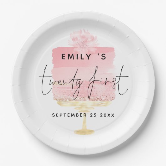 Trendy Pink Cake Script Name 21st Birthday Party Papieren Bordje (Voorkant)