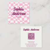 Trendy Pink Checkerboard with QR Code Vierkante Visitekaartje (Voorkant / Achterkant)