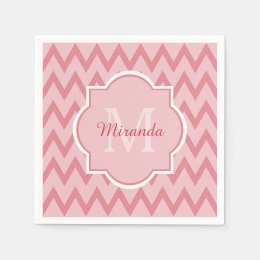 Trendy Pink Chevron Zigzag Name en Monogram Servetten (Voorkant)