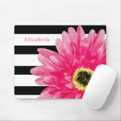 Trendy Pink Daisy Black and White Stripes and Name Muismat (Met muis)
