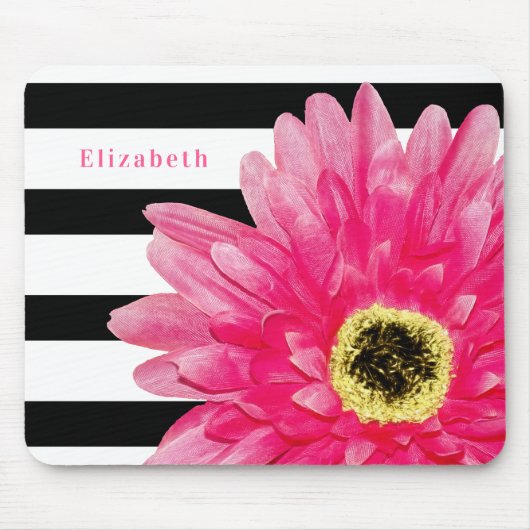 Trendy Pink Daisy Black and White Stripes and Name Muismat (Voorkant)
