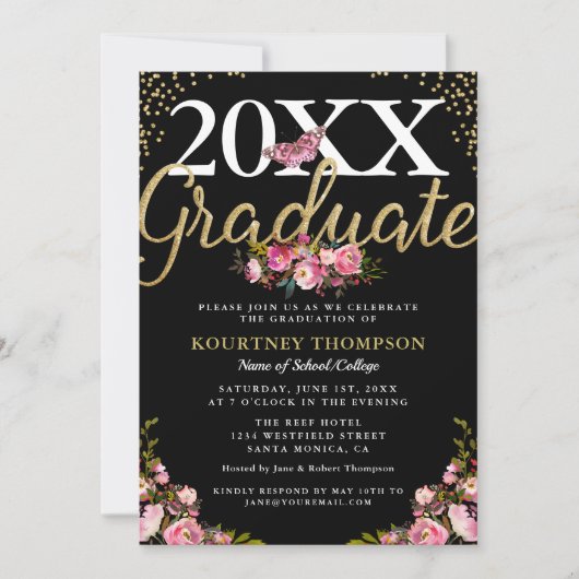 Trendy Pink Floral Gold Glitter Graduation Party Kaart (Voorkant)