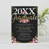 Trendy Pink Floral Gold Glitter Graduation Party Kaart (Staand voorkant)