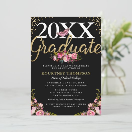 Trendy Pink Floral Gold Glitter Graduation Party Kaart (Staand voorkant)