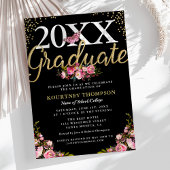 Trendy Pink Floral Gold Glitter Graduation Party Kaart