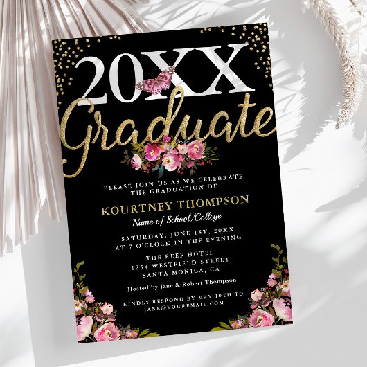 Trendy Pink Floral Gold Glitter Graduation Party Kaart