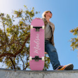 Trendy Pink Girls Name Handwritten Script Custom Persoonlijk Skateboard<br><div class="desc">A chic personalized pink monogram skateboard for a girl who loves simple,  handwritten gifts. Beautiful white cursive script spelling out your name in elegant script.</div>