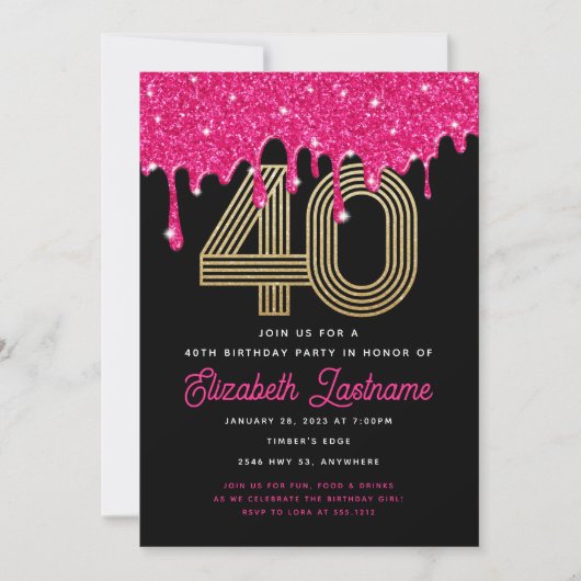 Trendy Pink Glitter Drip 40th Birthday Invitation Kaart (Voorkant)