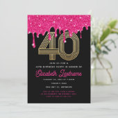 Trendy Pink Glitter Drip 40th Birthday Invitation Kaart (Staand voorkant)