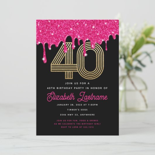 Trendy Pink Glitter Drip 40th Birthday Invitation Kaart (Staand voorkant)