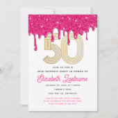 Trendy Pink Glitter Drip 50th Birthday Invitation Kaart (Voorkant)