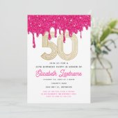Trendy Pink Glitter Drip 50th Birthday Invitation Kaart (Staand voorkant)