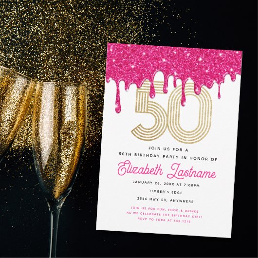 Trendy Pink Glitter Drip 50th Birthday Invitation Kaart