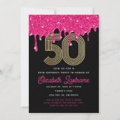 Trendy Pink Glitter Drip 50th Birthday Invitation Kaart (Voorkant)