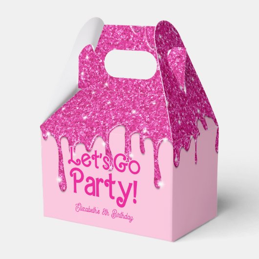 Trendy Pink Glitter Let's Go Party Verjaardag Bedankdoosjes (Voorkant Zijde)