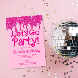 Trendy Pink Glitter Let's Go Party Verjaardag Kaart