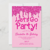 Trendy Pink Glitter Let's Go Party Verjaardag Kaart (Voorkant)