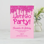 Trendy Pink Glitter Let's Go Party Verjaardag Kaart (Staand voorkant)