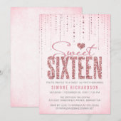 Trendy Pink Glitter Sweet 16 Party Kaart (Voorkant / Achterkant)