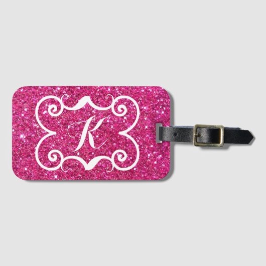 Trendy Pink Glitter White Monogram Aangepast Bagagelabel (Voorkant (horizontaal))