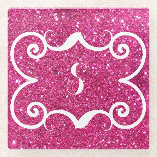 Trendy Pink Glitter White Monogram Aangepast Glazen Onderzetter (Voorkant)