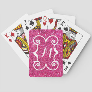 Trendy Pink Glitter White Monogram Aangepast Pokerkaarten
