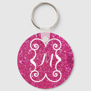 Trendy Pink Glitter White Monogram Aangepast Sleutelhanger