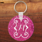 Trendy Pink Glitter White Monogram Aangepast Sleutelhanger (Voorkant)