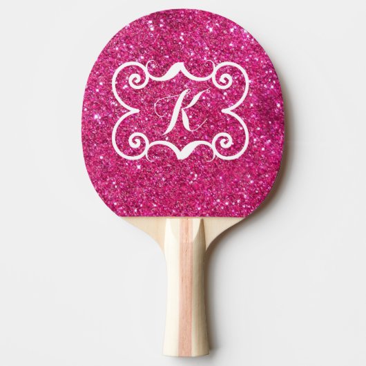 Trendy Pink Glitter White Monogram Aangepast Tafeltennisbatje (Voorkant)