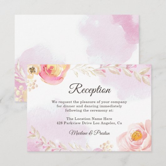 Trendy Pink & Gold Floral Garden Wedding Reception Kaart (Voorkant / Achterkant)