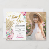 Trendy Pink Gold Pineapple Floral Tropische foto Bedankkaart (Voorkant)