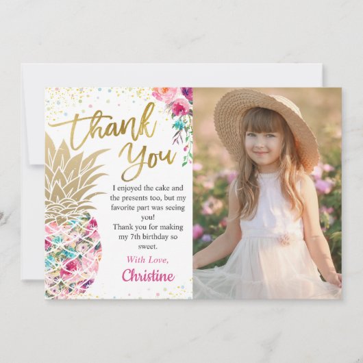 Trendy Pink Gold Pineapple Floral Tropische foto Bedankkaart (Voorkant)