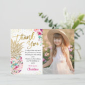Trendy Pink Gold Pineapple Floral Tropische foto Bedankkaart (Staand voorkant)