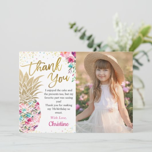 Trendy Pink Gold Pineapple Floral Tropische foto Bedankkaart (Staand voorkant)