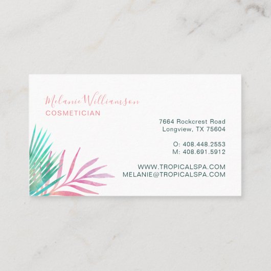 Trendy Pink & Green Waterverf Tropical Palm Leaf Visitekaartje (Achterkant)