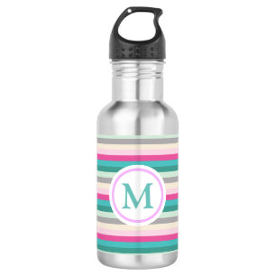 Trendy Pink Grey and Blauwgroen Striped Monogram Waterfles