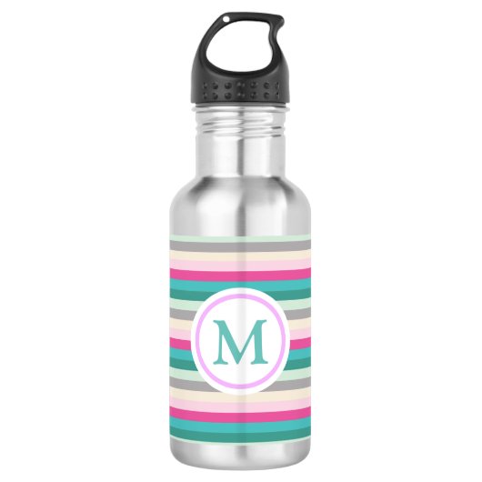 Trendy Pink Grey and Blauwgroen Striped Monogram Waterfles (Voorkant)