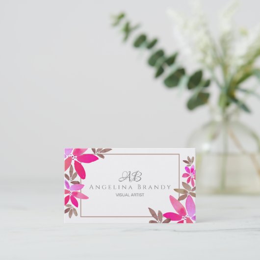 Trendy Pink & Grey Waterverf Floral Visitekaartje (Staand voorkant)