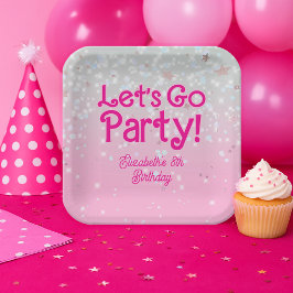 Trendy Pink Let's Go Party Verjaardagsfeestje Papieren Bordje