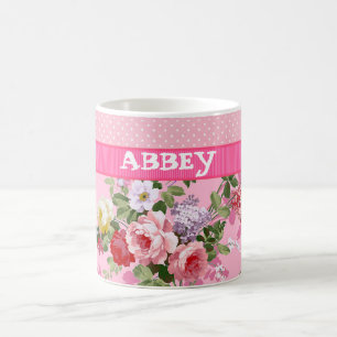 Trendy Pink Monogram  Floral Polka Dots Magische Mok