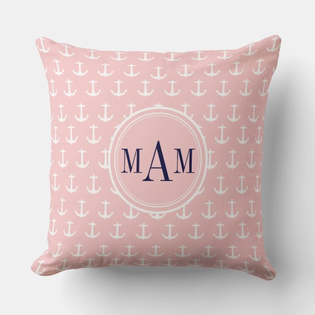 Trendy Pink Nautical Anchor Monogram Sierkussen (Voorkant)